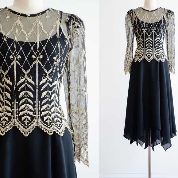 Vtg 90s Cachet Gold Embroidered Lace Black Chiffon Midi Dress - Picture 1 of 13